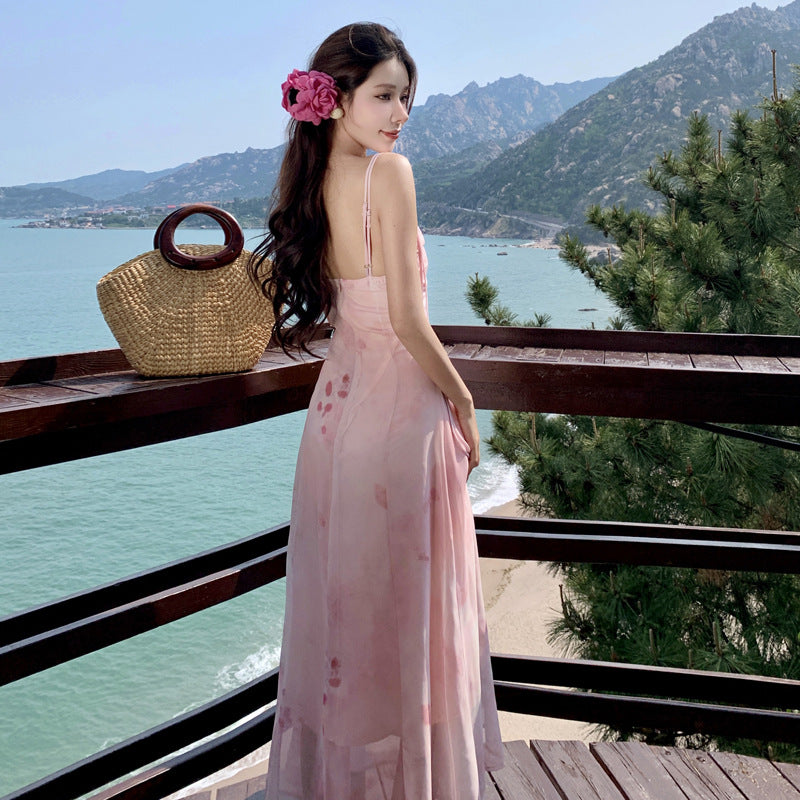 2025 smudge pink suspender dress women's summer pure desire to close the waist and look thin niche design vacation style dress