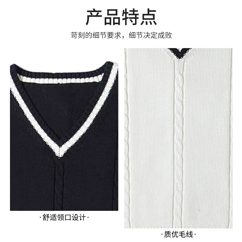 Autumn and winter V-neck twist intercolor vest college British style knitted vest striped splicing school uniform sweater knitted sweater