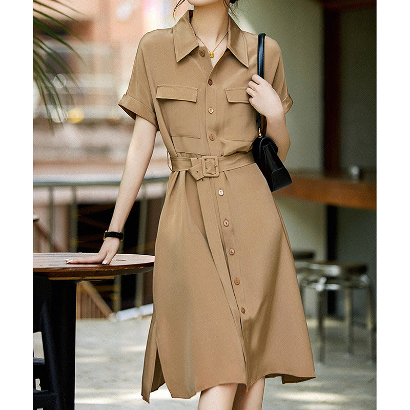 2025 30MM heavy crepe mulberry silk shirt skirt, tooling silk dress with lace-up waist commute, summer high-end women's clothing