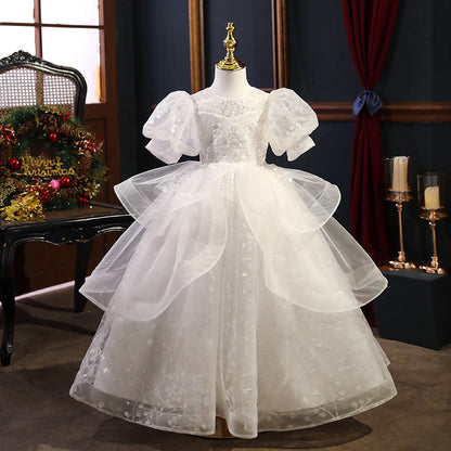 Children's Puff Sleeve Fashion White Wedding Dress Flower Girl Wedding Girl Girl Host's Dress Short Sleeve Princess Dress