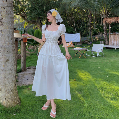 2025 Mint green white off-the-shoulder dress dopamine island wear with backless fairy skirt Thailand Sanya beach dress