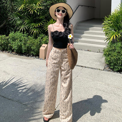 2025 High waist narrow version wide leg pants long pants women's summer retro floral 2025 casual pants slimming vacation mopping pants