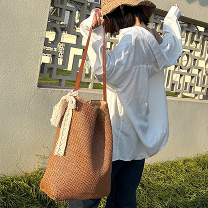 STOREXQ Summer Hot Series-Ins Style Lazy Feeling Straw Bag Shoulder Tote Bag Seaside Vacation Travel Beach Bag Women