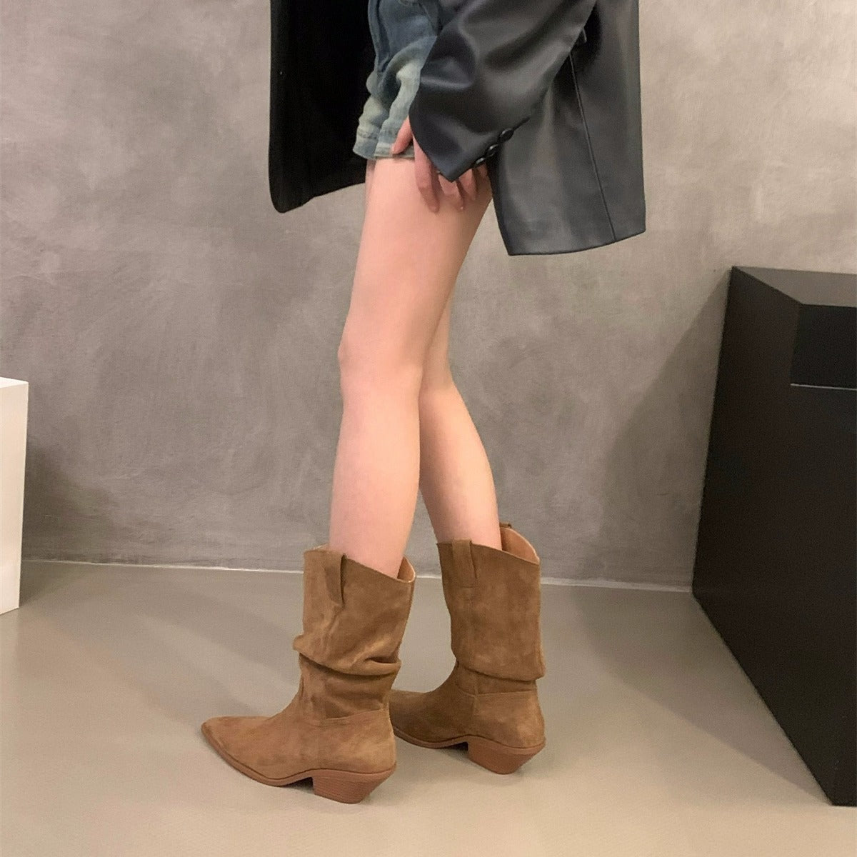 2025 High Heel Brown V-mouth Skinny Medium Knight Boots Women's Shoes popular Spring Autumn Winter Retro Suede Western Cowboy Boots