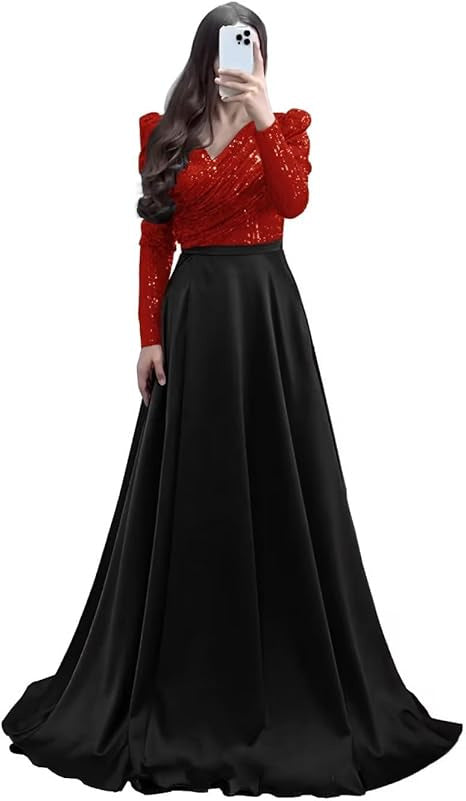 STOREXQ 2025 popular New high-waisted skirt set, base medium and long skirt, long-sleeved double-color temperament commuting deep V big pendulum dress