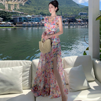 2025 Beach dress long dress elegant floral V-neck dress women's summer seaside vacation long skirt backless lace-up skirt