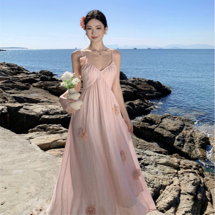 2025 pink v-neck flower suspender dress women's summer beautiful seaside vacation beach dress slim skirt