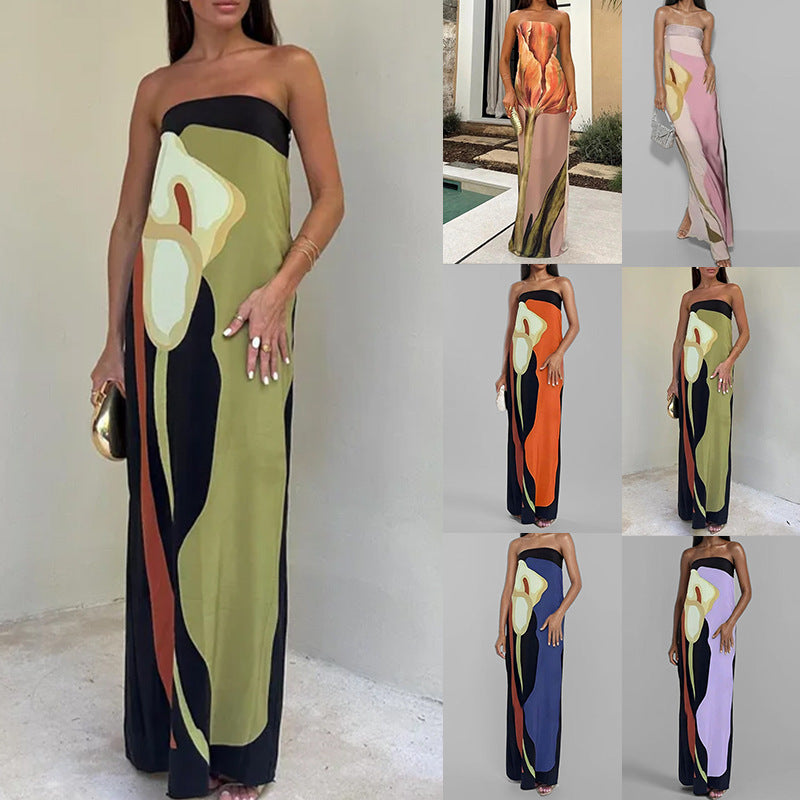 STOREXQ New autumn dress -border 2025 women's clothing fashion sleeveless off-the-shoulder avant-garde sexy halter print dress