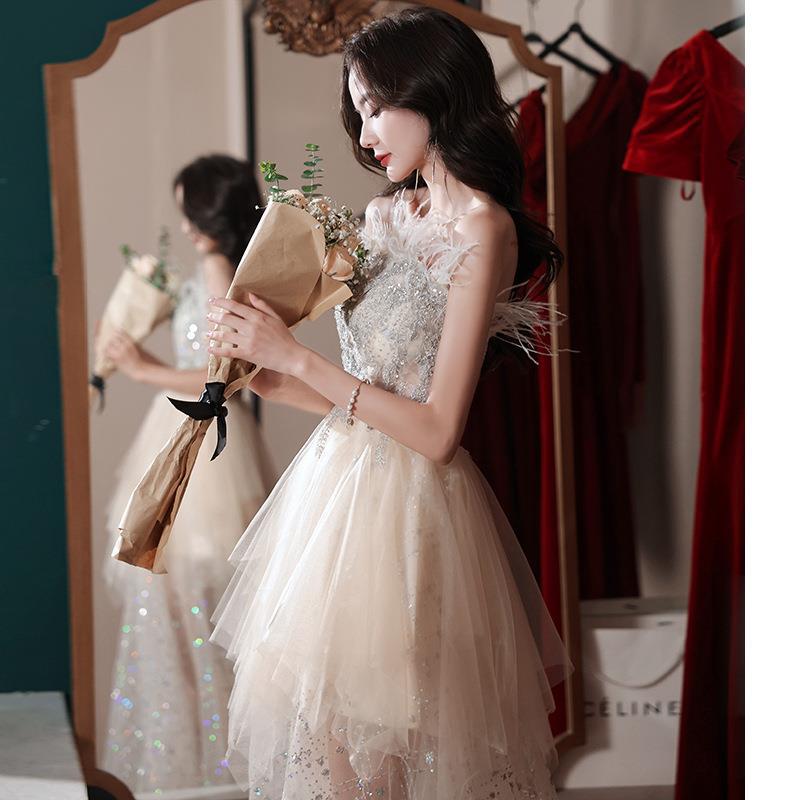 Style evening dress female adult graduation banquet temperament tube top shoulder art test light luxury niche design sense fairy