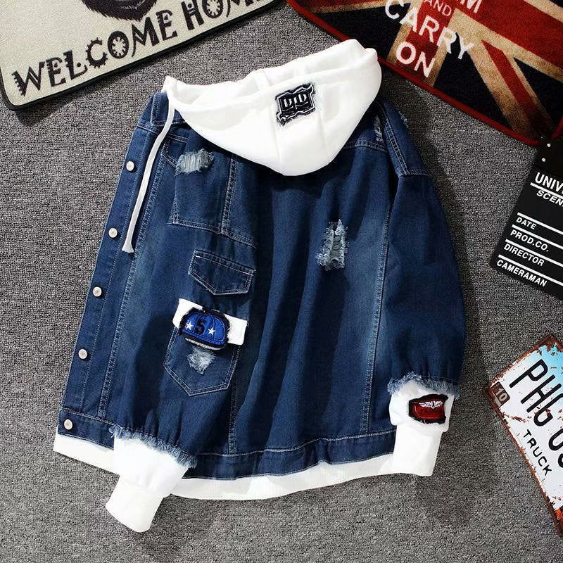 [Speed Lion] Denim Coat Men's Fake Two Pieces Hooded Color Contrast Korean Fashion All-Matching Loose Casual Jacket