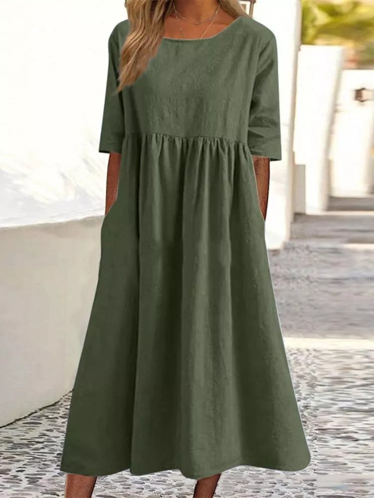 STOREXQ Summer  Independent Station New Cotton and Linen Casual Short Sleeve Pocket Pleated Loose round Neck Dress