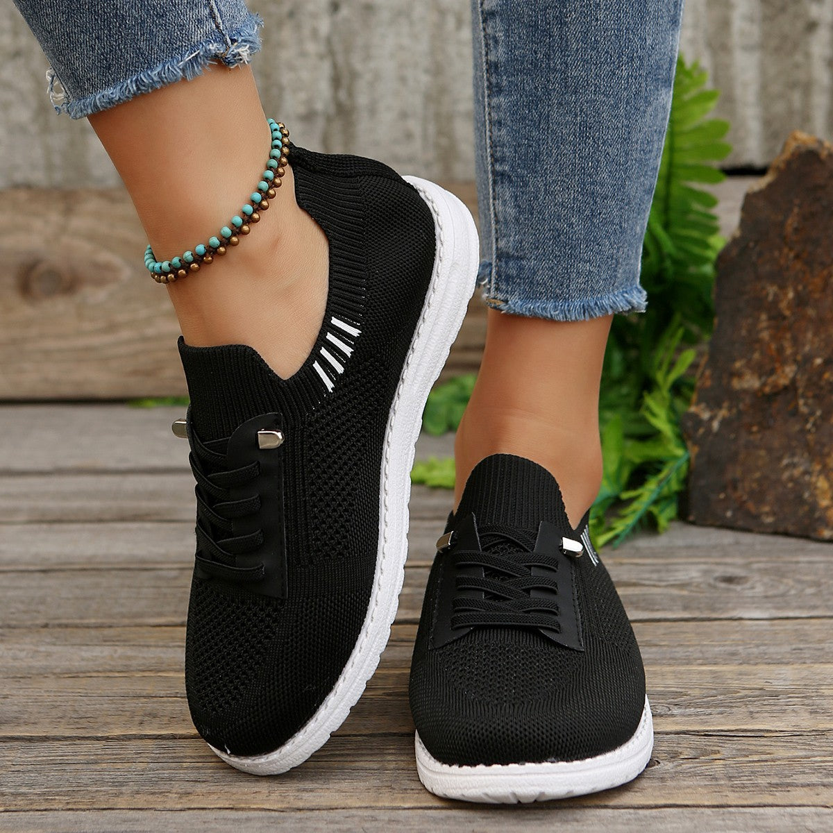 storexq Foreign Trade Flying Woven Size 43 Lace Mesh Sneaker Female  New Product Lightweight Flat plus Size Female Leisure Pumps