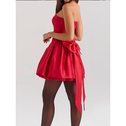 STOREXQ 2025 Solid color tube top dress short dress winter ins sexy tube top hottie waist Christmas red dress A-word dress