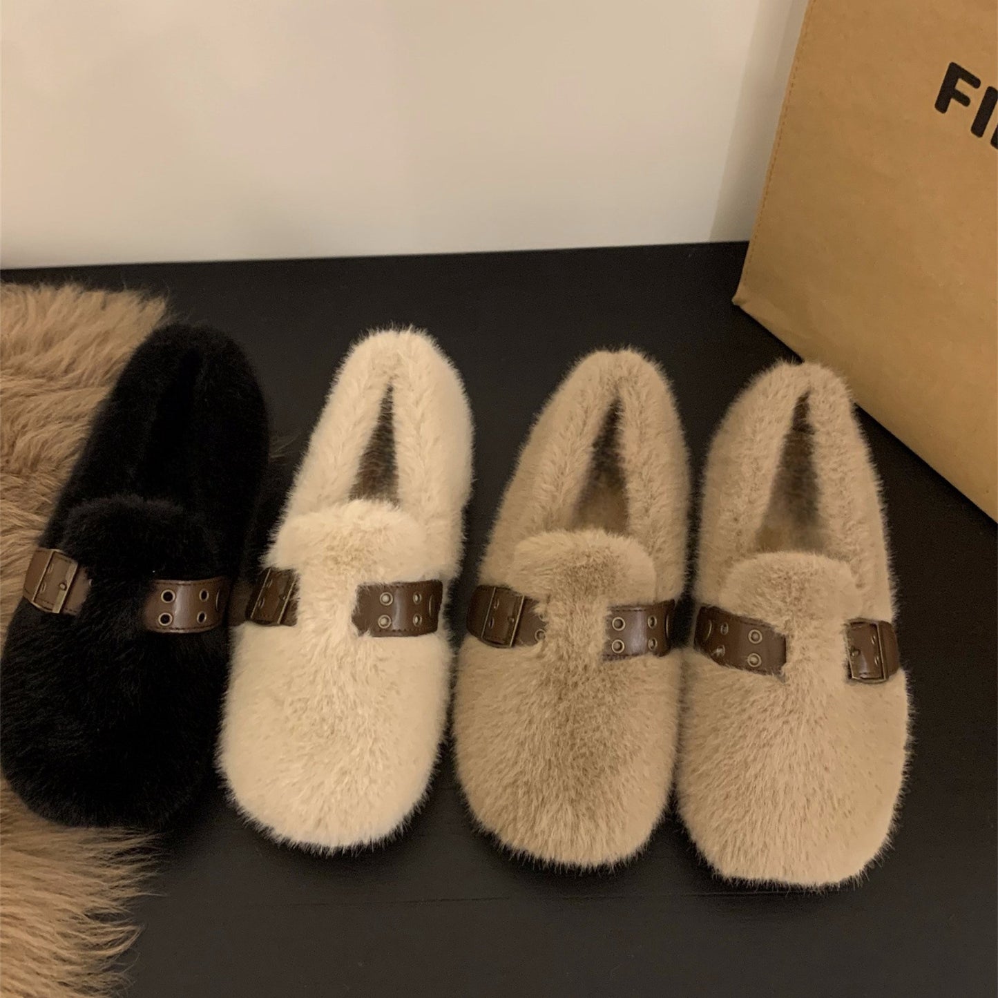 2025 Flat-bottomed plush Doudou shoes plush single shoes women's shoes popular new autumn and winter outer wear soft-soled cotton shoes fluffy shoes