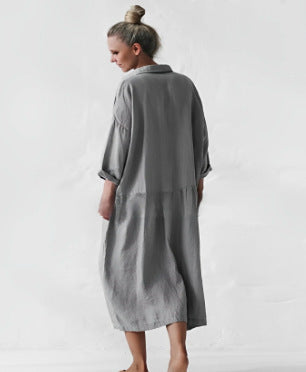 STOREXQ Cross-Border New Arrival Cotton and Linen Long Style with Medium Sleeves below the Knee Slimming Irregular Dress