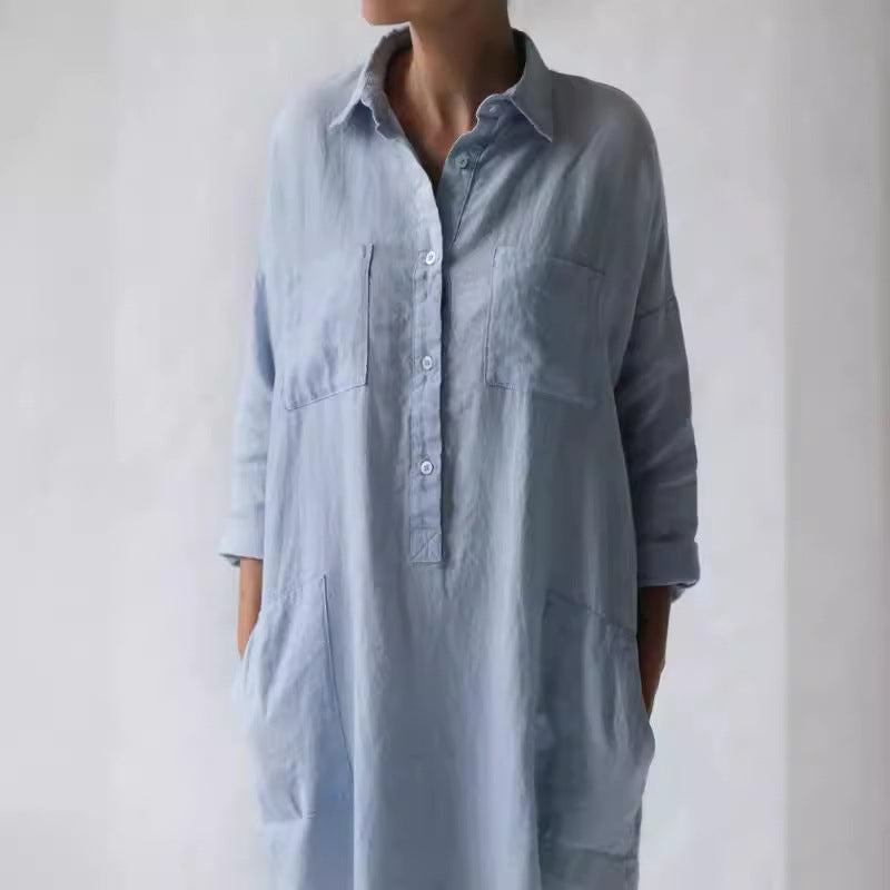 STOREXQ Cross-Border New Arrival Cotton and Linen Long Style with Medium Sleeves below the Knee Slimming Irregular Dress