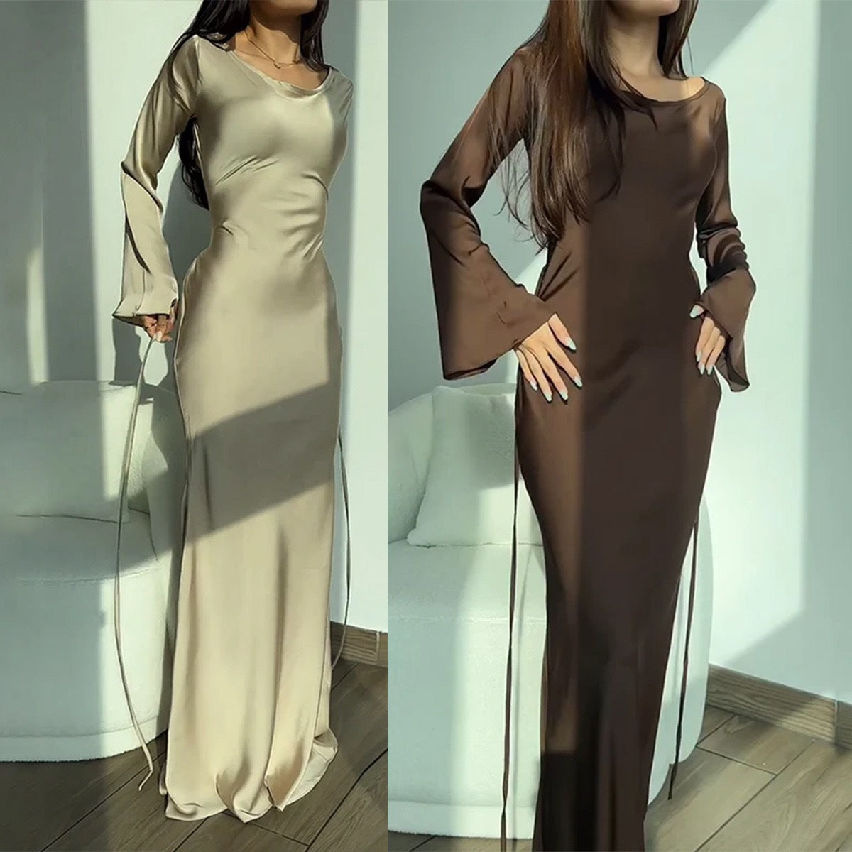 STOREXQ Cross-Border European and American Women's Clothing round Neck Long Sleeve Lace-up Solid Color Dress Elegant Idle Style Waist-Tight Dress