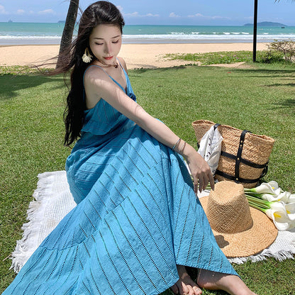 2025 Sanya seaside photo romantic  handmade rose lotus leaf edge embroidery heavy industry suspender long dress big swing dress