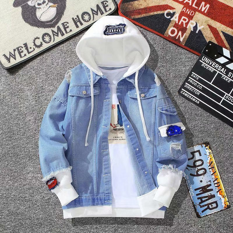 [Speed Lion] Denim Coat Men's Fake Two Pieces Hooded Color Contrast Korean Fashion All-Matching Loose Casual Jacket