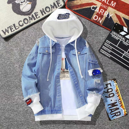 [Speed Lion] Denim Coat Men's Fake Two Pieces Hooded Color Contrast Korean Fashion All-Matching Loose Casual Jacket