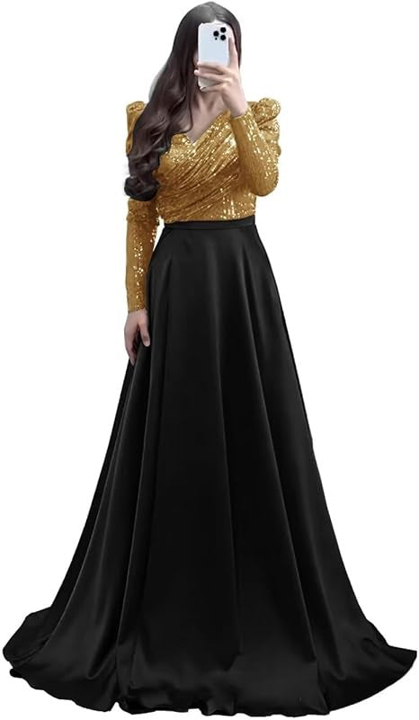 STOREXQ 2025 popular New high-waisted skirt set, base medium and long skirt, long-sleeved double-color temperament commuting deep V big pendulum dress