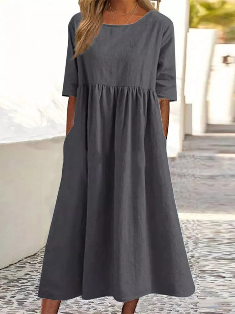 STOREXQ Summer  Independent Station New Cotton and Linen Casual Short Sleeve Pocket Pleated Loose round Neck Dress