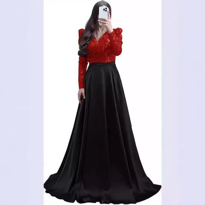 STOREXQ 2025 popular New high-waisted skirt set, base medium and long skirt, long-sleeved double-color temperament commuting deep V big pendulum dress