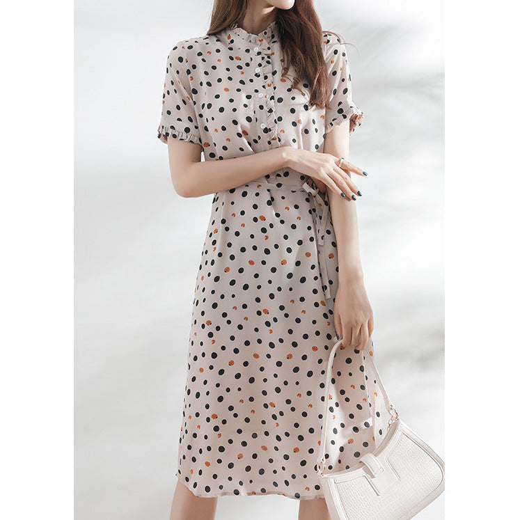 2025 Polka dot silk dress  summer new  temperament women's clothing, short-sleeved medium and long mulberry silk skirt