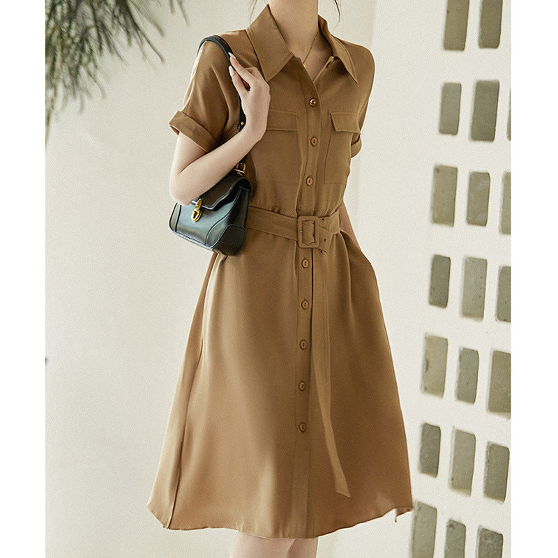 2025 30MM heavy crepe mulberry silk shirt skirt, tooling silk dress with lace-up waist commute, summer high-end women's clothing