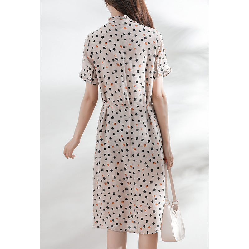 2025 Polka dot silk dress  summer new  temperament women's clothing, short-sleeved medium and long mulberry silk skirt