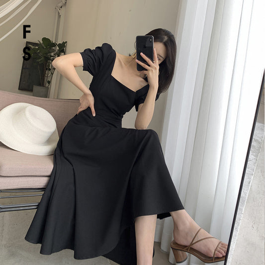 STOREXQ INS Hepburn Black Dress Women's Summer  New Square Collar  Retro Hepburn Style Temperament Long Dress