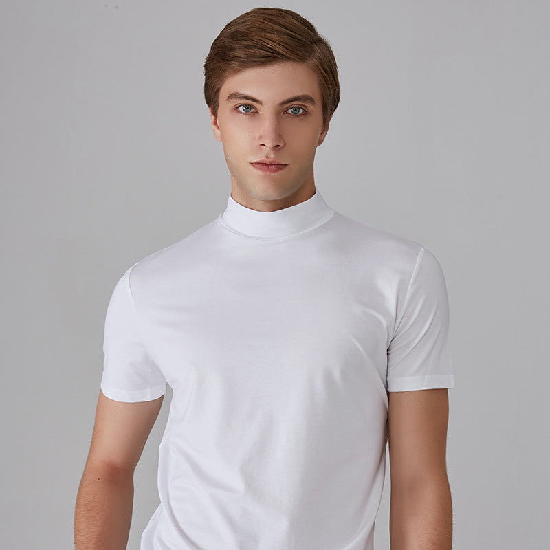 Wholesale Foreign Trade Men's Small Turtleneck Short Sleeve Teen T-shirt Mid Collar Pure Color Half Collar Daily Half Sleeve Bottoming Shirt