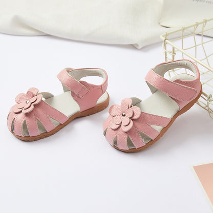 STOREXQ Girls' Closed-Toe Flower Sandals Summer Soft Soled Princess Shoes Classic Cross-Border Leather Children's Shoes