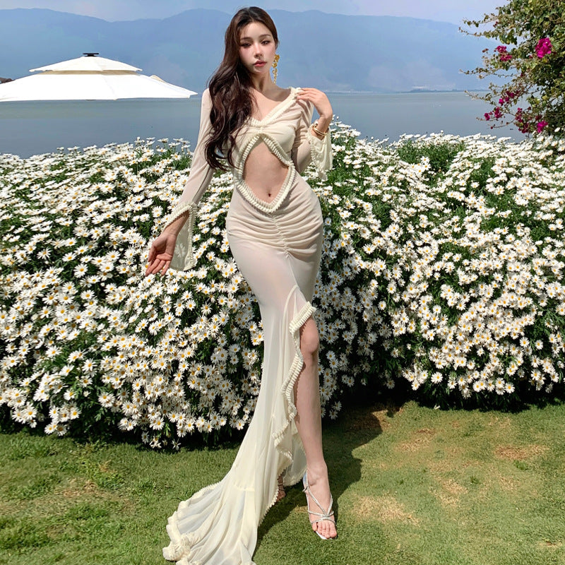 2025 sexy pure desire wind hollow ruffle edge mesh dress women's senior seaside vacation spice trailing dress