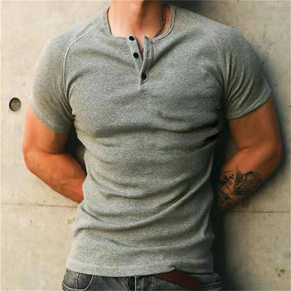 Coarse Thread 230G Cotton Heavy Henley Shirt  Cross-Border Men's T-shirt Solid Color Men's Retro Summer Short Sleeve Fitness