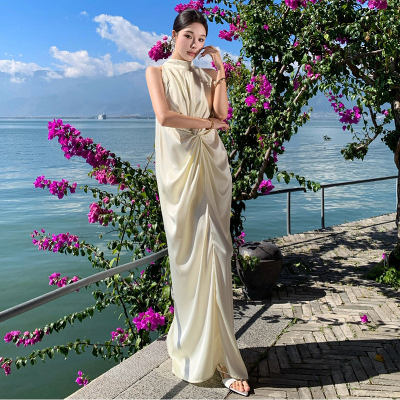 2025 Summer new waist hollow kink evening dress temperament acetic acid birthday beach seaside Thai sexy dress