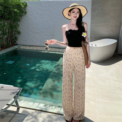 2025 High waist narrow version wide leg pants long pants women's summer retro floral 2025 casual pants slimming vacation mopping pants