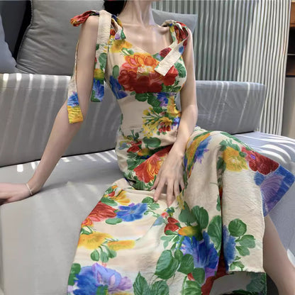 2025 vacation style retro printing suspender dress women's summer artistic sense big flower backless seaside photo dress