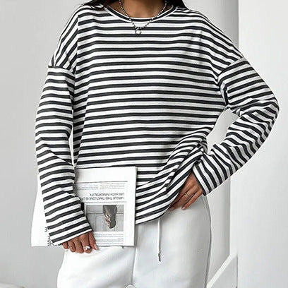 STOREXQ Classic loose round neck long-sleeved elastic black and white striped T-shirt popular Popularan, 2025n autumn and winter new New wholesale top