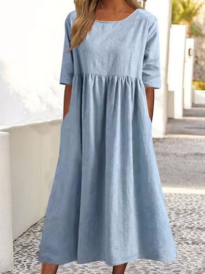 STOREXQ Summer  Independent Station New Cotton and Linen Casual Short Sleeve Pocket Pleated Loose round Neck Dress