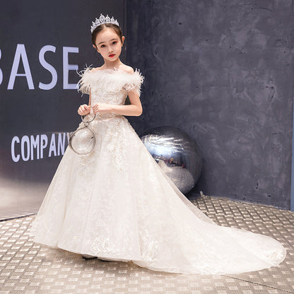 Children's Trailing Foreign Trade Dress Girls' Princess Dress Catwalk Flower Girl Wedding Dress Western Style Little Host Costume for Piano Performance