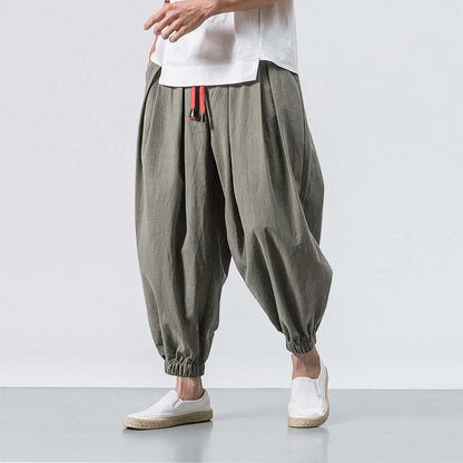 Chinese Style Japanese Style Linen Casual Pants Men's Cropped Loose Wide Leg Ankle-Tied Fat Fashion Brand plus-Sized plus Size Harem Pants