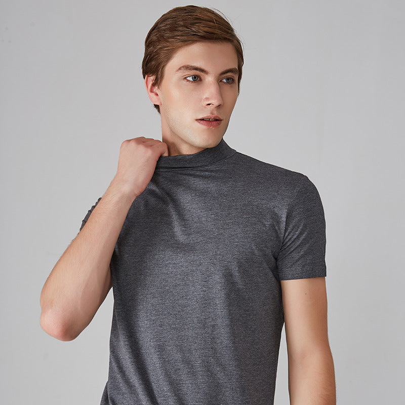 Wholesale Foreign Trade Men's Small Turtleneck Short Sleeve Teen T-shirt Mid Collar Pure Color Half Collar Daily Half Sleeve Bottoming Shirt