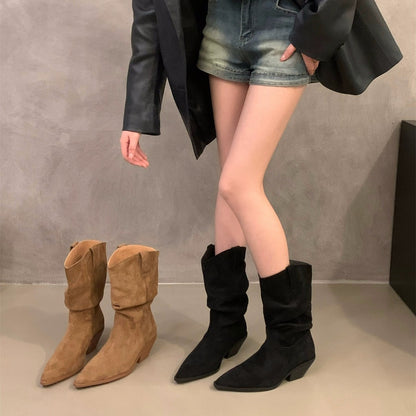 2025 High Heel Brown V-mouth Skinny Medium Knight Boots Women's Shoes popular Spring Autumn Winter Retro Suede Western Cowboy Boots