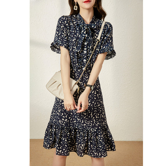 2025 Silk fishtail dress bow floral dress  summer women's clothing mulberry silk medium and long first love coffee break dress