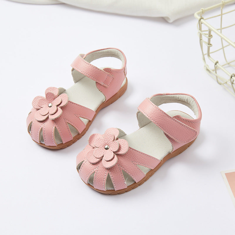 STOREXQ Girls' Closed-Toe Flower Sandals Summer Soft Soled Princess Shoes Classic Cross-Border Leather Children's Shoes