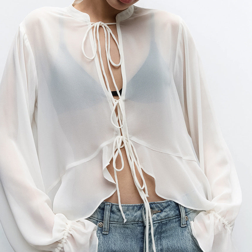 STOREXQ White chiffon small stand-up collar design sense drawstring women's shirt popular 2025 autumn and winter fashion new New top