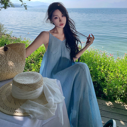 2025 Thailand travel photo suspender long dress seaside vacation loose backless blue dress women's summer beach dress