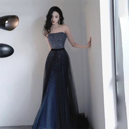 sequined dress style light luxury niche performance tube top skirt host blue evening dress 2025 new female banquet