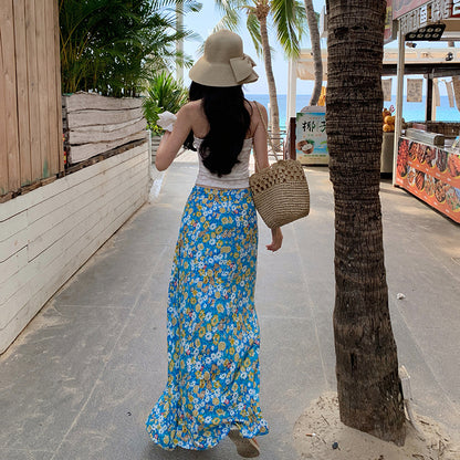 2025 Dopamine Island vacation style suit  drawstring tube top top women's floral skirt two-piece skirt